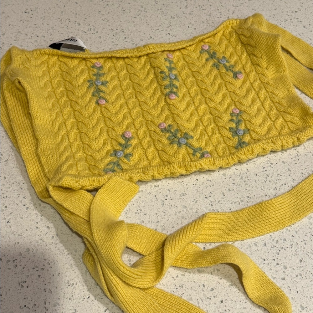 GUIZIO Revolve Exclusive Cable Knit Floral Embroidered Halter Top in Dandelion - Picture 5 of 7